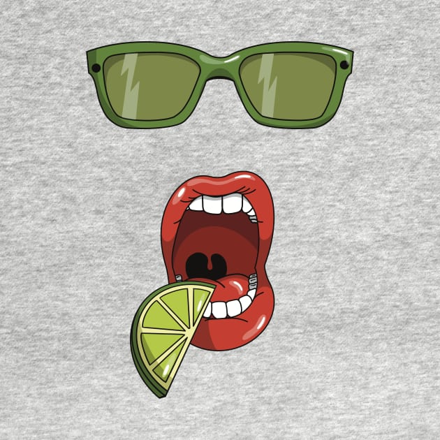 Mouth about to eat a slice of a green lime and matching green sun glasses by Fruit Tee